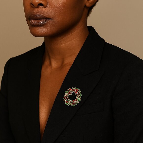 Christmas Wreath Brooch Pin Gold Tone Red Green New - Picture 3 of 11